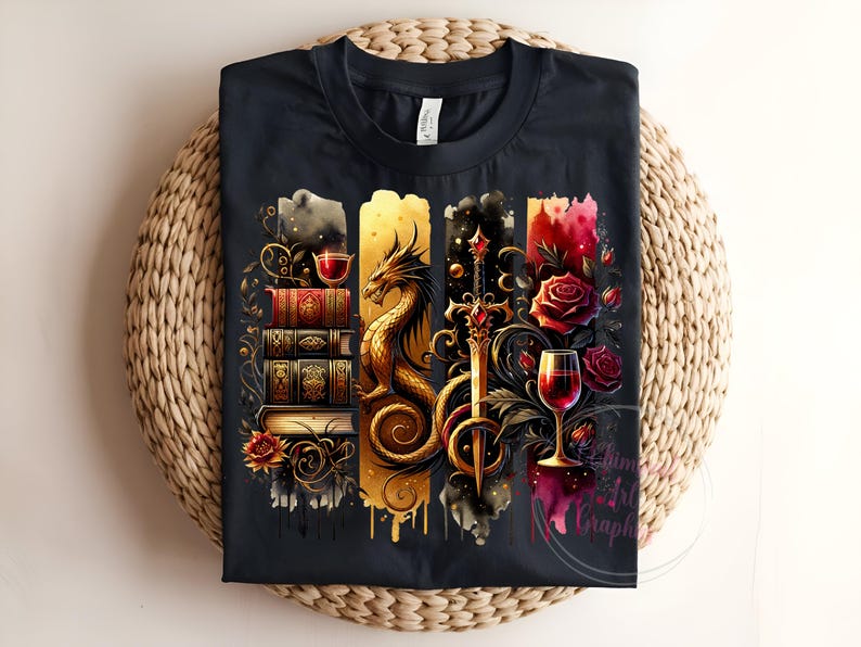 May include: A black t-shirt with a graphic design featuring a gold dragon, a sword, a stack of books, and wine glasses with red roses. The design is in a watercolor style with splashes of color.