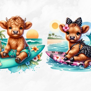 Watercolor Surfing Highland Cows Collection Clipart, 12 PNG Beach ...