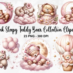 Clipart di orsacchiotto rosa assonnato ad acquerello, 23 PNG Clipart di orsacchiotto carino, Clipart di orsacchiotto rosa, Pacchetto di orsacchiotti, Uso commerciale