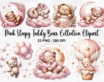 Clipart di orsetto assonnato rosa acquerello, 23 PNG carino orsetto bambino clipart, clipart orsacchiotto rosa, pacchetto orsacchiotto, uso commerciale
