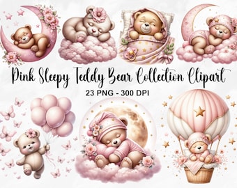 Watercolor Pink Sleepy Teddy Bear Clipart, 23 PNG Cute Baby Bear Clipart, Pink Teddy Bear Clipart, Teddy Bear Bundle, Commercial Use