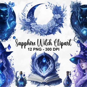 Watercolor Sapphire Witch Clipart, PNG, fantasy mystical clipart, magic clipart, digital crafting, instant download, commercial use