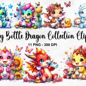 Aquarel Baby fles Dragon collectie clipart, 11 PNG schattige draak clipart, baby fles clipart, baby draak voor kinderen, commercieel gebruik
