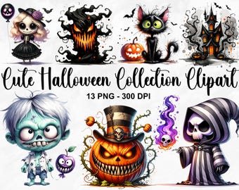 May include: A collection of 13 Halloween clipart images featuring a variety of cute and spooky characters, including a zombie, a ghost, a pumpkin, a black cat, a witch, and a reaper. The images are in a cartoon style and are perfect for adding a touch of Halloween fun to your projects.