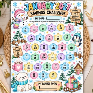 Könnte beinhalten: Ein Spar-Challenge-Tracker für Januar 2027 mit Wintermotiven wie Schneemann, Pinguin und Eisbär. Die Seite enthält nummerierte Schneeflocken- und Kreissymbole mit Dollarbeträgen sowie Zeilen für das Sparziel und den Gesamtwert.