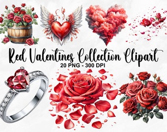 Watercolor Red Valentines Collection Clipart, 20 PNG Valentines Day Clipart, Valentines Day Bundle, Love Day Clipart, Commercial Use