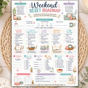 May include: A Weekend Reset Roadmap planner sheet featuring pastel illustrations of plants, mugs, and furniture. The document includes sections for weekend check-ins, five numbered steps for organising tasks, and a progress check for Saturday and Sunday.