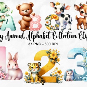 Clipart de coleção de alfabeto de animais bebê em aquarela, 37 PNG berçário clipart, animais de A a Z, alfabeto PNG, arte animal PNG, uso comercial