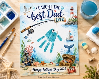 Manualidad imprimible con huellas de manos para el Día del Padre, regalo de pesca para papá de parte de los niños, arte con huellas de manos para hacer tú mismo, recuerdo para niños pequeños en edad preescolar, regalo en PDF de descarga instantánea