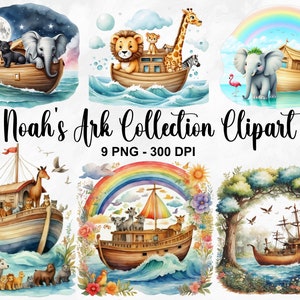 Watercolor Noah&#39;s Ark Collection Clipart, 9 PNG Noah&#39;s Ark Clipart, Religious Clipart, Christian Clipart Bundle, Bible PNG, Commercial Use