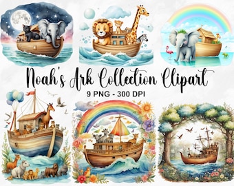Watercolor Noah's Ark Collection Clipart, 9 PNG Noah's Ark Clipart, Religious Clipart, Christian Clipart Bundle, Bible PNG, Commercial Use