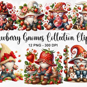 Aquarelle fraise gnomes Collection des cliparts, 12 PNG des cliparts nain, des cliparts nain aux fraises, lot de cliparts nain d'été, usage Commercial