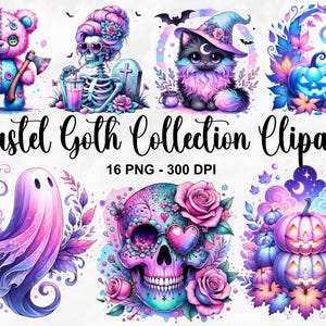 Kolekcja akwarelowych pastelowych gotyckich clipartów, 16 PNG Halloween clipart, dość przerażające cliparty, straszne cliparty, pastelowe gotyckie PNG, wykorzystanie komercyjne