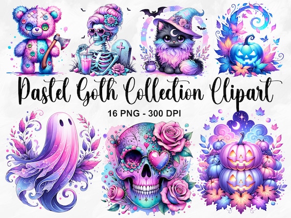 Watercolor Pastel Goth Collection Clipart, 16 PNG Halloween Clipart, Pretty Creepy Clipart, Spooky Clipart, Pastel Goth PNG, Commercial Use