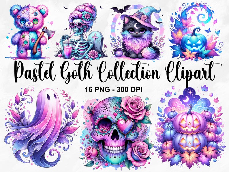 K&ouml;nnte beinhalten: Ein Set mit 16 pastel-goth-Clipart-Bildern im PNG-Format, mit einer Vielzahl von gruseligen und niedlichen Designs, darunter ein Geist, ein Sch&auml;del, ein K&uuml;rbis, eine Katze und ein Skelett. Die Bilder sind perfekt, um Ihren Projekten einen Hauch von Verspieltheit und Dunkelheit zu verleihen.