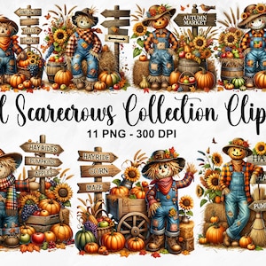 Aquarell Herbst Vogelscheuchen Sammlung Clipart, 11 PNG Herbst Clipart, charmante Vogelscheuche Grafiken, Herbst Printables Bundle, kommerzielle Nutzung