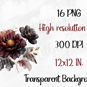 May include: A bouquet of burgundy and black flowers with gold accents. The flowers are arranged on a white background. 16 PNG high resolution files, 300 DPI, 12x12 IN. Transparent background.