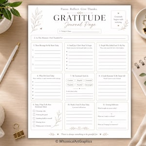 May include: A white gratitude journal page printed on paper with black text and line illustrations of leaves. The page features eleven sections for daily reflection, including prompts for blessings, joys, emotional check-ins, and evening reflections.