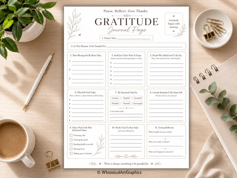 May include: A white gratitude journal page printed on paper with black text and line illustrations of leaves. The page features eleven sections for daily reflection, including prompts for blessings, joys, emotional check-ins, and evening reflections.
