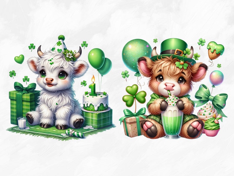 May include: Two adorable cartoon cows dressed in green and white for St. Patrick's Day. One cow is wearing a party hat and holding a green cake with a candle. The other cow is wearing a green hat and holding a green milkshake.