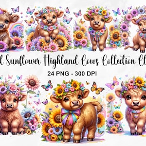 Aquarel pastel zonnebloem Highland koeien clipart, 24 PNG zonnebloemen clipart, baby Highland Cow clipart, koe print clipart, commercieel gebruik