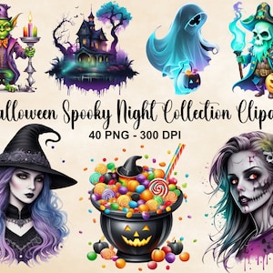 Watercolor Halloween Spooky Night Collection Clipart, 40 PNG Halloween Clipart, Halloween Bundle, Gothic Witch Clipart, Commercial Use
