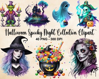 Acuarela Halloween Spooky Night Collection Clipart, 40 PNG Halloween Clipart, Paquete de Halloween, Bruja gótica Clipart, Uso comercial