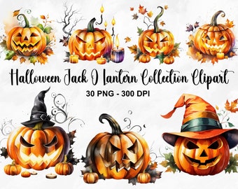 Aquarell Halloween Jack O Lantern Sammlung Clipart, 30 PNG Halloween Clipart Bundle, Halloween Kürbis Clipart, kommerzielle Nutzung