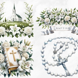 May include: A white church with a steeple, surrounded by white flowers and greenery. A white ribbon with the word "BAPTISM" printed on it. A white rosary with a silver cross. A white bible with a gold cross on the cover, surrounded by white flowers and greenery.