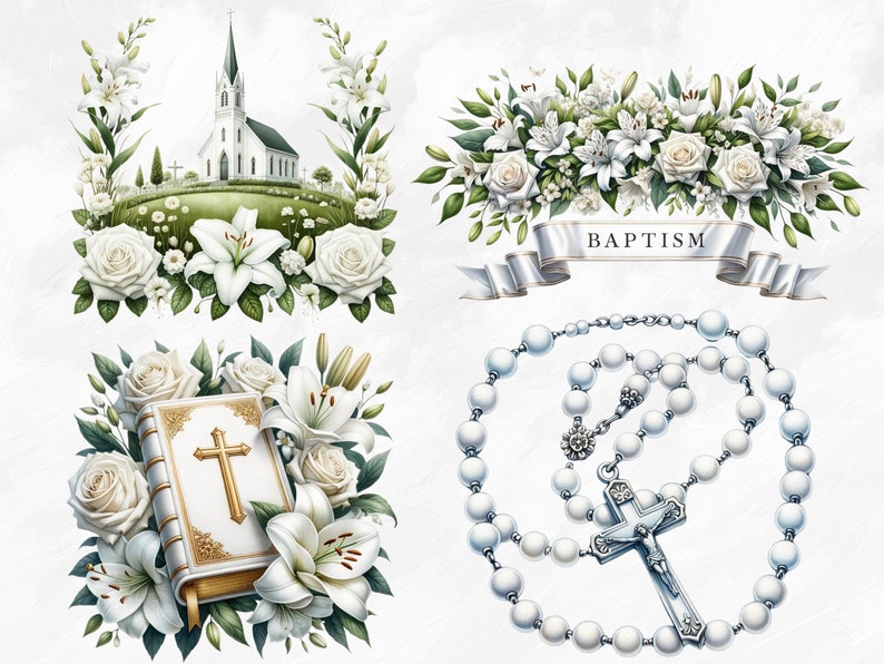 May include: A white church with a steeple, surrounded by white flowers and greenery. A white ribbon with the word "BAPTISM" printed on it. A white rosary with a silver cross. A white bible with a gold cross on the cover, surrounded by white flowers and greenery.
