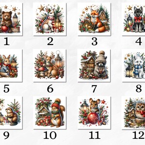 Puede incluir: Doce adornos navide&ntilde;os ilustrados con varios animales, incluyendo un oso, un ciervo, un zorro, un mapache, un conejo, una ardilla, un rat&oacute;n, un b&uacute;ho y un lobo. Cada adorno est&aacute; rodeado de vegetaci&oacute;n festiva, luces y regalos.