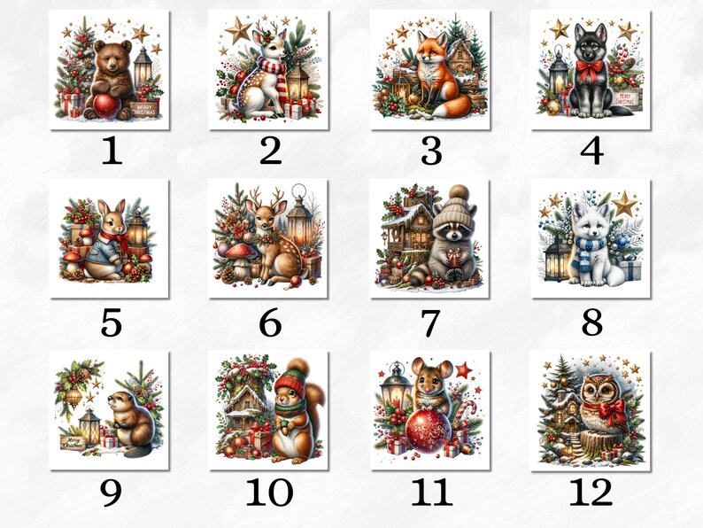 Puede incluir: Doce adornos navide&ntilde;os ilustrados con varios animales, incluyendo un oso, un ciervo, un zorro, un mapache, un conejo, una ardilla, un rat&oacute;n, un b&uacute;ho y un lobo. Cada adorno est&aacute; rodeado de vegetaci&oacute;n festiva, luces y regalos.