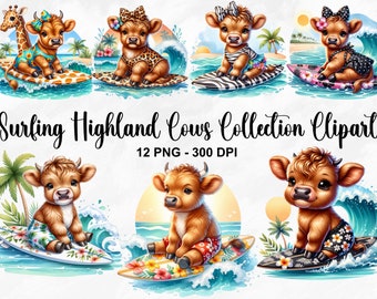 Watercolor Surfing Highland Cows Collection Clipart, 12 PNG Beach Clipart, Summer Clipart, Summer Cow Clipart Bundle, Commercial Use