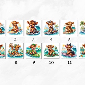 Watercolor Surfing Highland Cows Collection Clipart, 12 PNG Beach ...