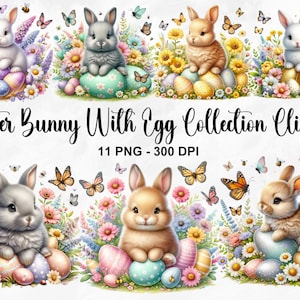 Aquarell Osterhase mit Ei Clipart, 11 PNG Frühling Clipart, Ostern Clipart, Osterhase Clipart, Floral Bunny Clipart, kommerzielle Nutzung