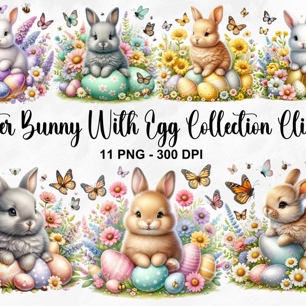 Watercolor Easter Bunny With Egg Clipart, 11 PNG Spring Clipart, Easter Clipart, Easter Bunny Clipart, Floral Bunny Clipart, Commercial Use