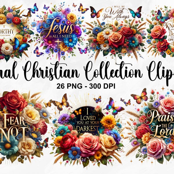 Watercolor Floral Christian Collection Clipart, 26 PNG Faith Quote Clipart, Floral Bible Verse Bundle Designs, Jesus Is PNG, Commercial Use