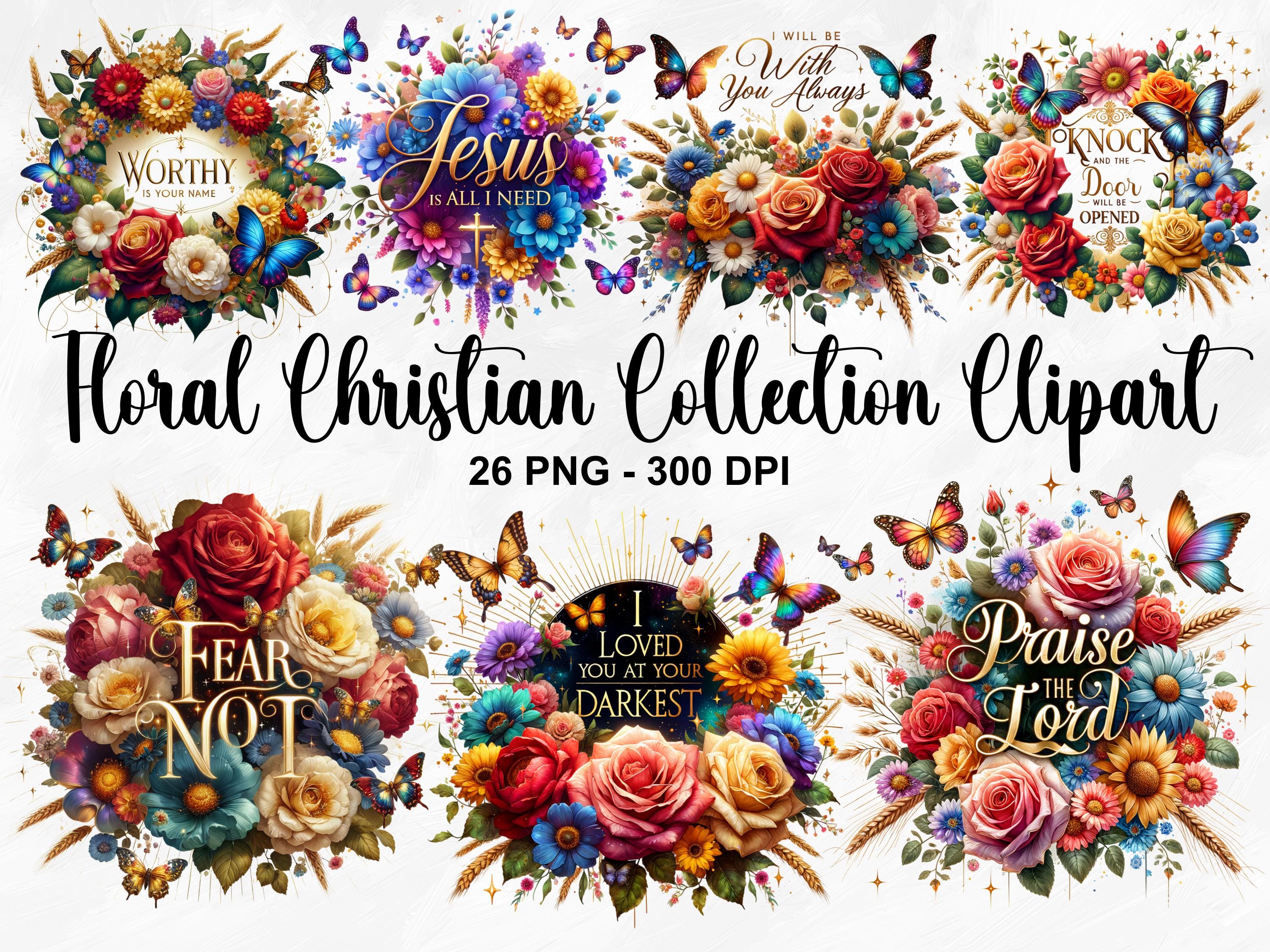 Watercolor Floral Christian Collection Clipart, 26 PNG Faith Quote Clipart, Floral Bible Verse Bundle Designs, Jesus Is PNG, Commercial Use