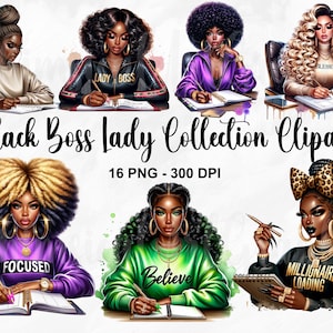 16 PNG, Coleção Black Boss Lady Clipart, Linda Garota Negra Png, Garota Negra Com Afro Clipart, Pacote Garota Chefe PNG, Uso Comercial