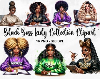 16 PNG, Black Boss Lady Collection Clipart, Beautiful Black Girl Png, Black Girl With Afro Clipart, Girl Boss Bundle PNG, Commercial Use
