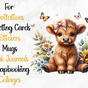 Watercolor Sunflower Highland Cows Collection Clipart, 9 PNG Spring Flowers Clipart, Baby Animal, Baby Cow Clipart Bundle, Commercial Use image 9