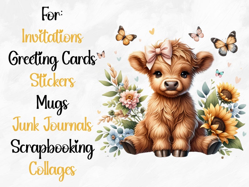 Watercolor Sunflower Highland Cows Collection Clipart, 9 PNG Spring Flowers Clipart, Baby Animal, Baby Cow Clipart Bundle, Commercial Use image 9