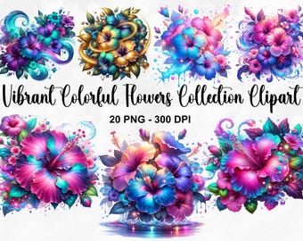 May include: A collection of 20 vibrant, colorful flower clipart images. The flowers are in various shades of pink, blue, purple, and yellow. The flowers are arranged in bouquets and have a whimsical, magical feel.