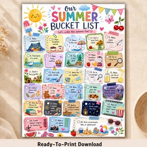 Summer Bucket List Printable for Kids, Family Summer Activities Checklist, Screen Free Fun, Summer Break Planner, Instant Download PDF image 1