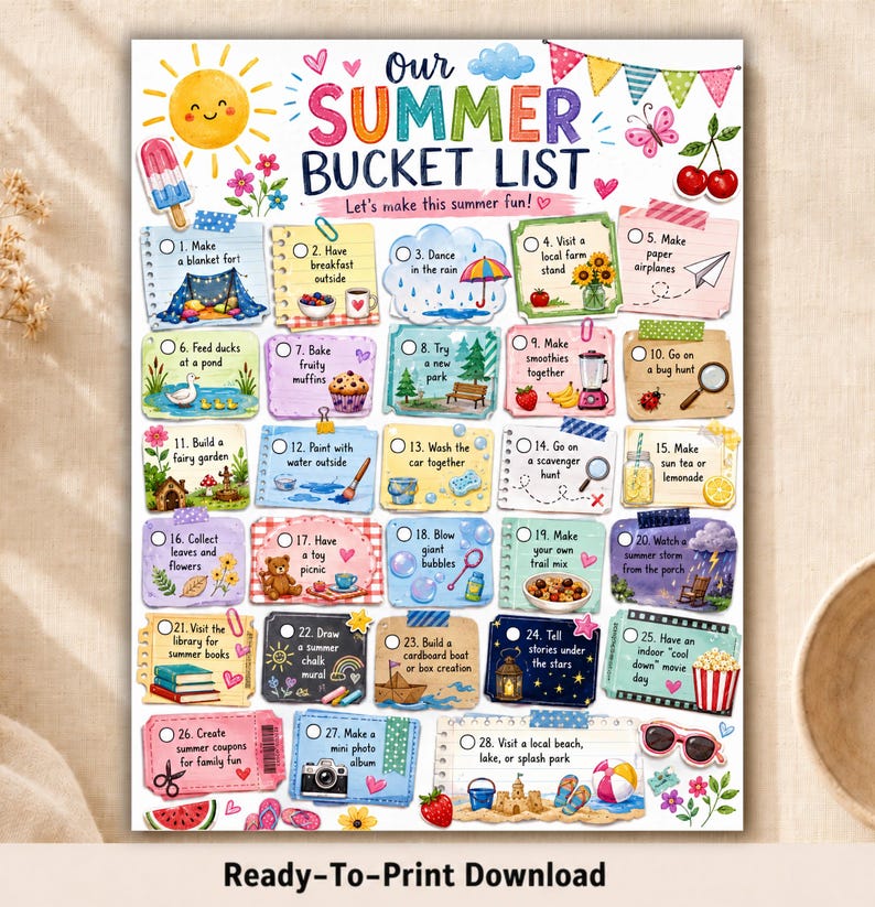 Summer Bucket List Printable for Kids, Family Summer Activities Checklist, Screen Free Fun, Summer Break Planner, Instant Download PDF image 1