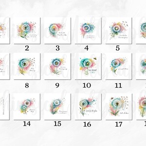 May include: A set of 18 square art prints showcasing watercolour dandelion designs. Each print includes an inspirational quote, like "Dream Big" or "Just Breathe", and is presented in soft pastel colours.