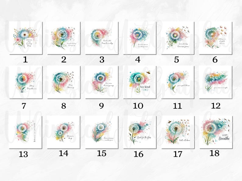 May include: A set of 18 square art prints showcasing watercolour dandelion designs. Each print includes an inspirational quote, like "Dream Big" or "Just Breathe", and is presented in soft pastel colours.