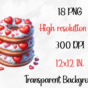 May include: A stack of three donuts decorated with white frosting and red and pink heart sprinkles. The donuts are 12 inches in diameter and have a transparent background.