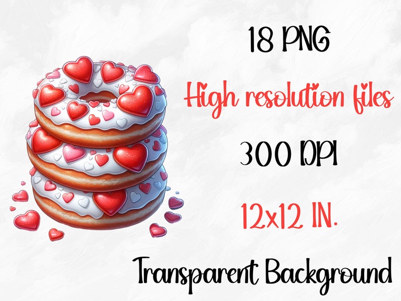 May include: A stack of three donuts decorated with white frosting and red and pink heart sprinkles. The donuts are 12 inches in diameter and have a transparent background.