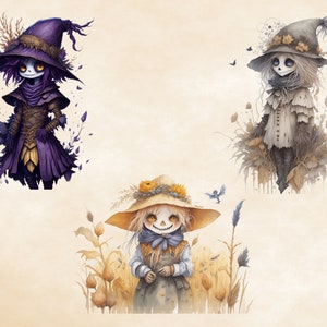 May include: Three whimsical illustrations of characters dressed in autumnal attire. A purple-clad witch with a pointed hat, a white-robed figure with a wide-brimmed hat, and a scarecrow with a straw hat and a pumpkin-like face.